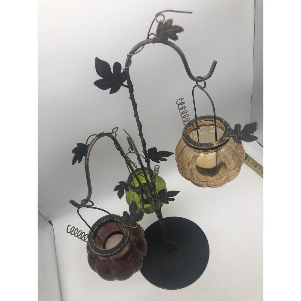 Metal Leaves Candle holders with Tri-color Crack Designed Glasses 18”Tall - Picture 7 of 12